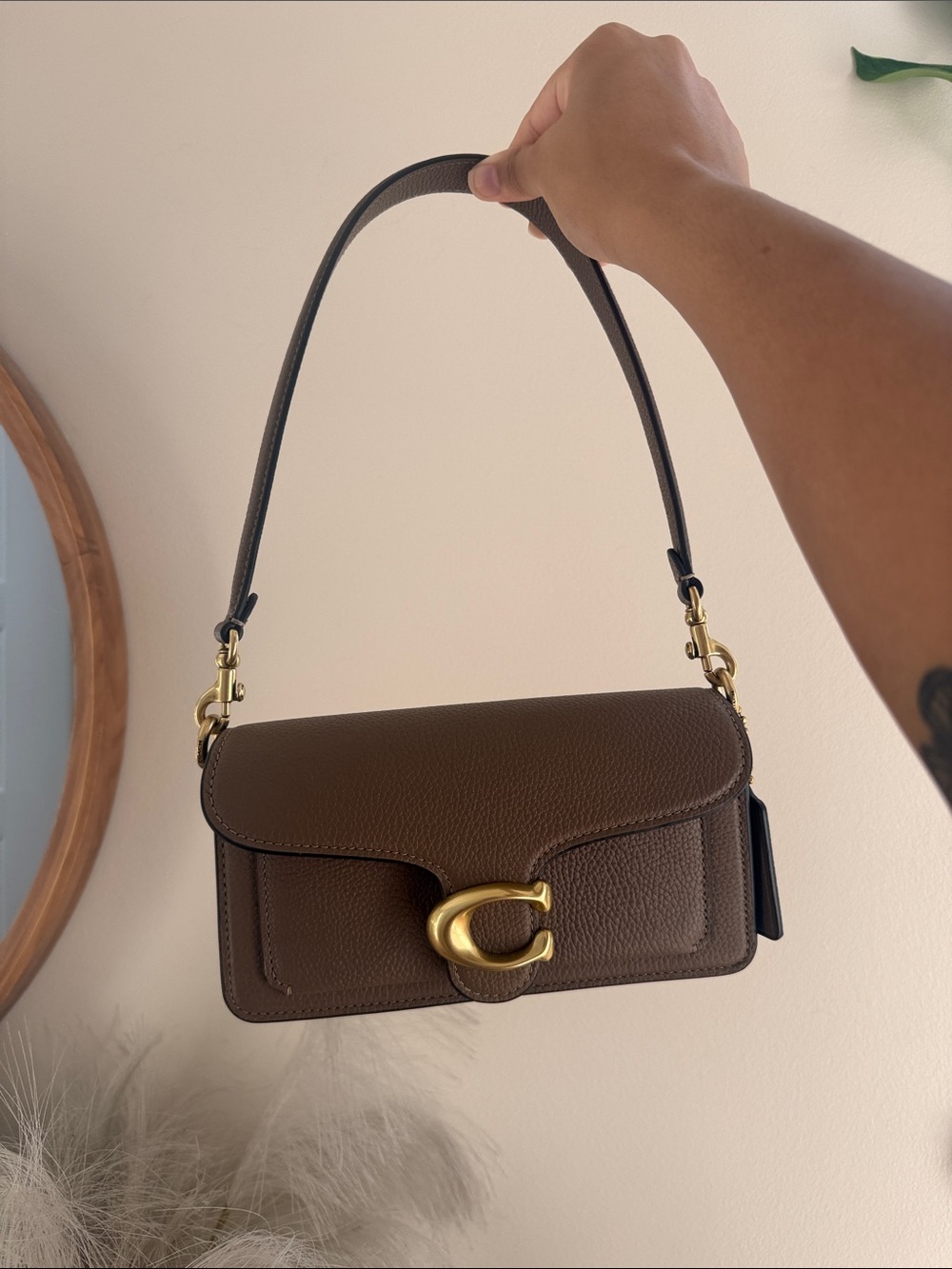 Coach Tabby 20 in Taupe Pebble Leather Crossbody with Gold 'C' Turnlock